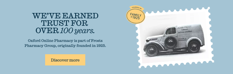 A banner image outlining our heritage. Founded in 1925. Shows a stamp-like image containing an original Frost's Pharmacy van